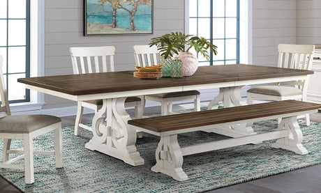 A white rectangle dining table with chairs and a bench