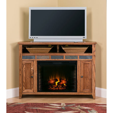 TV stand with tv and fireplace