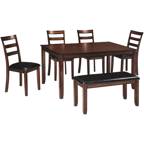 Rectangular dining table with chairs and a bench