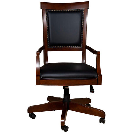 Brown wood office chair with cushions and wheels