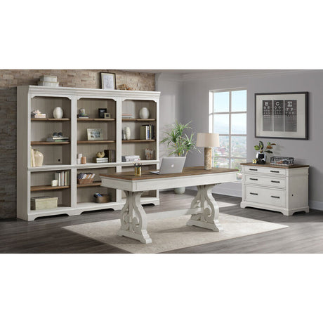 Home office with white wood bookcase, cabinet, and desk