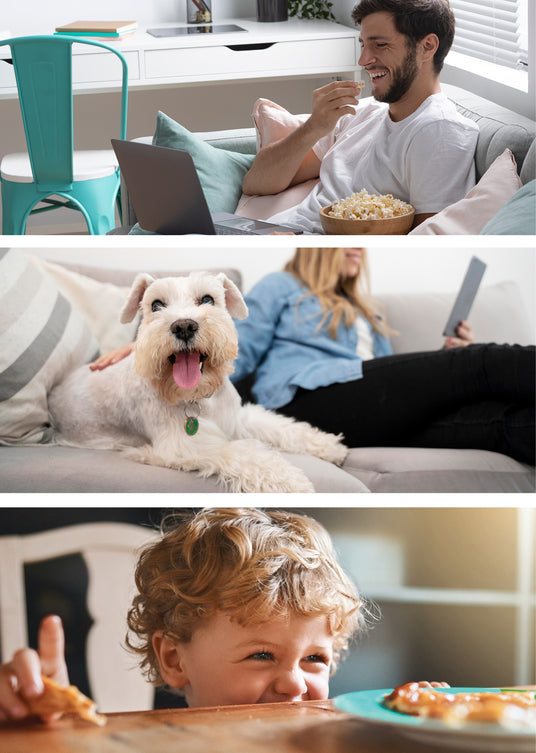 Man on chair, woman on couch, and child at dining table