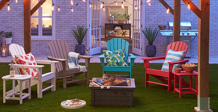 lawn chairs and fireplace outside