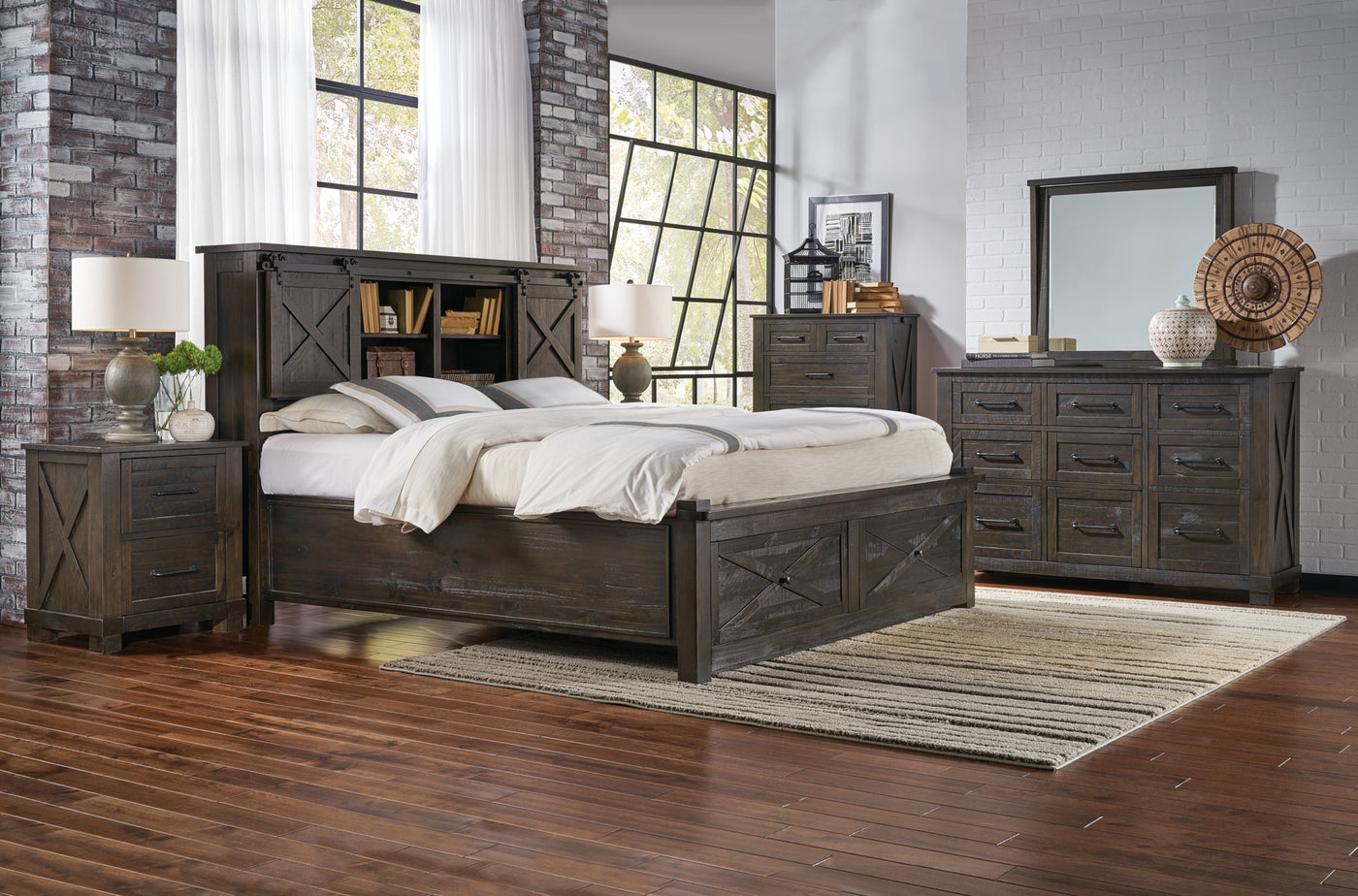 Dark wood bedroom set with bed, nightstand, dresser, and mirror