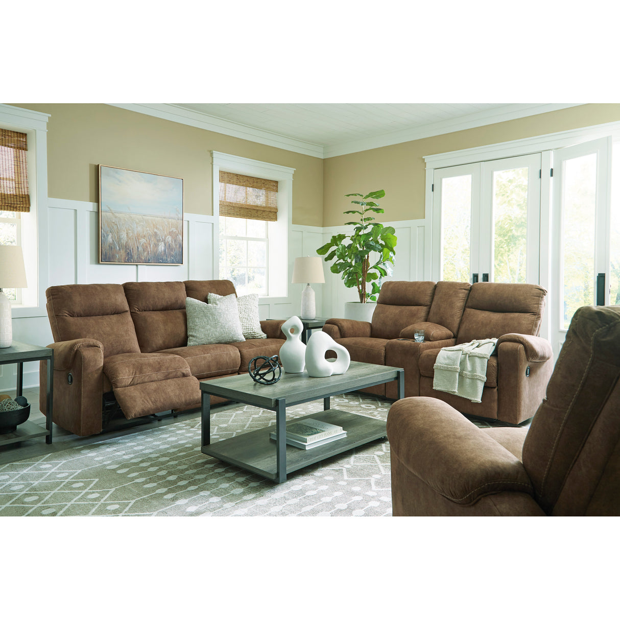 Edenwold Reclining Console Loveseat in living room with sofa and recliner