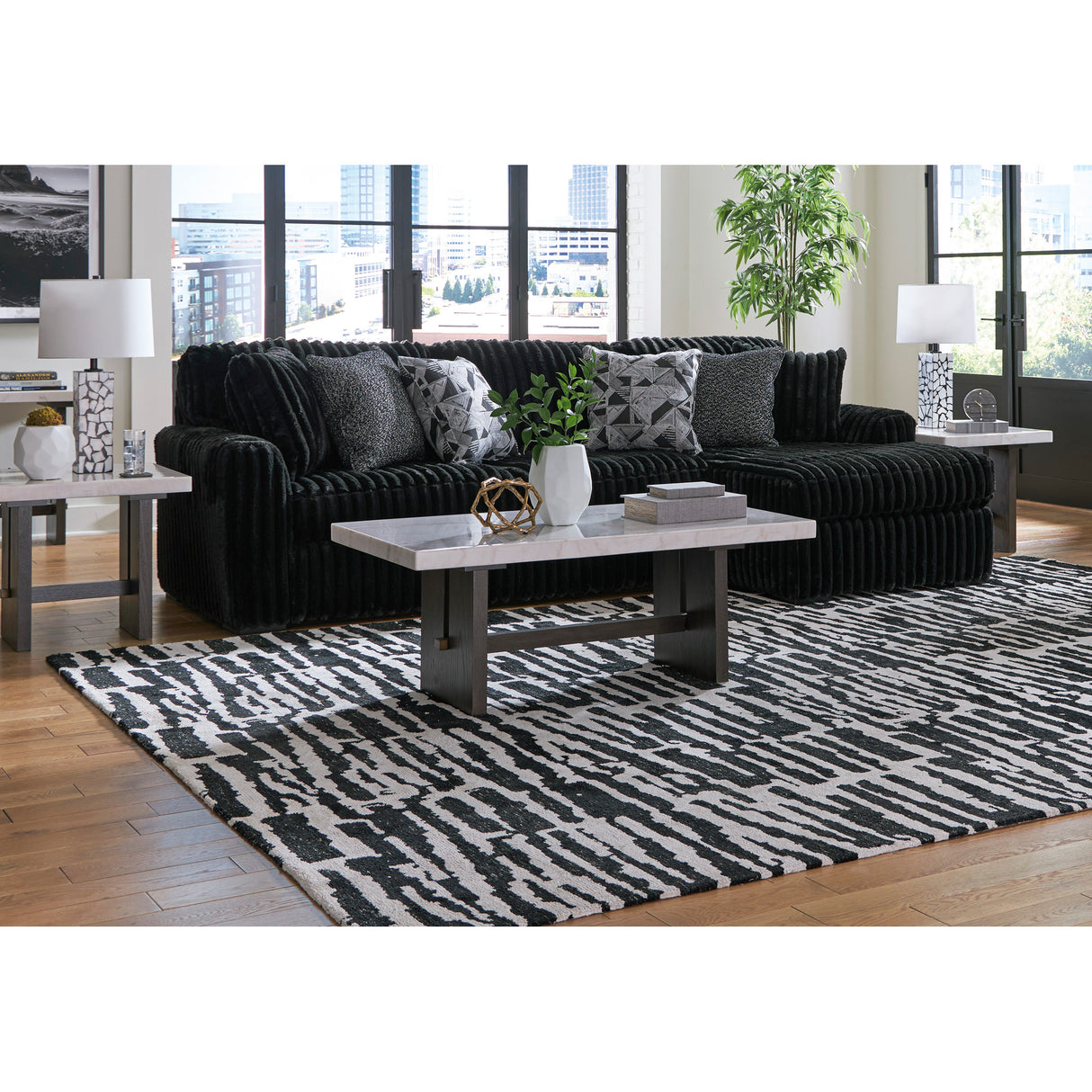 Midnight Madness 2 Piece Right Chaise Sectional with coffee table in living room