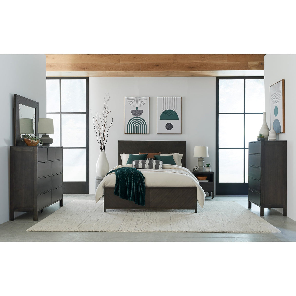 Dark walnut Callan 4 Piece Room Group in bedroom with decor