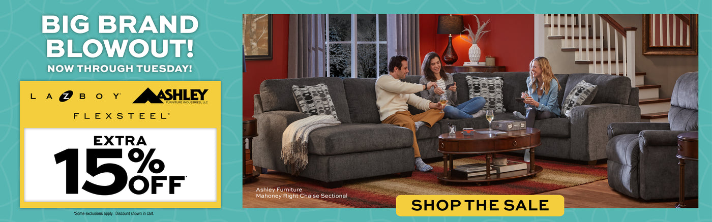 Big Brand Blowout! Now through Tuesday take an extra 15% off La-z-Boy, Ashley Furniture, and Flexsteel. Ashley Furniture Mahoney Right Chaise Sectional. Shop the Sale!